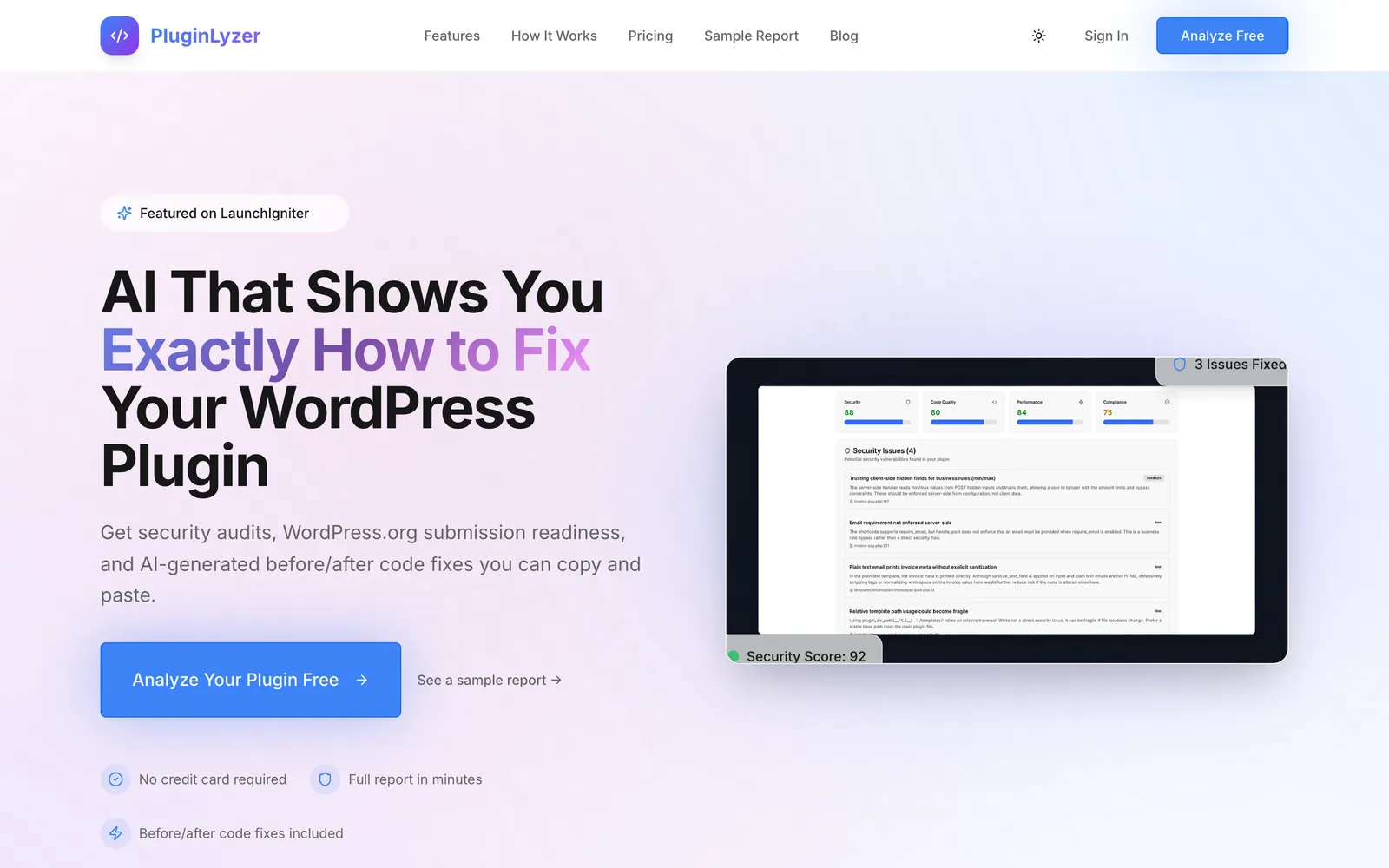 The PluginLyzer homepage - our own product, built and run by Fusion By Design